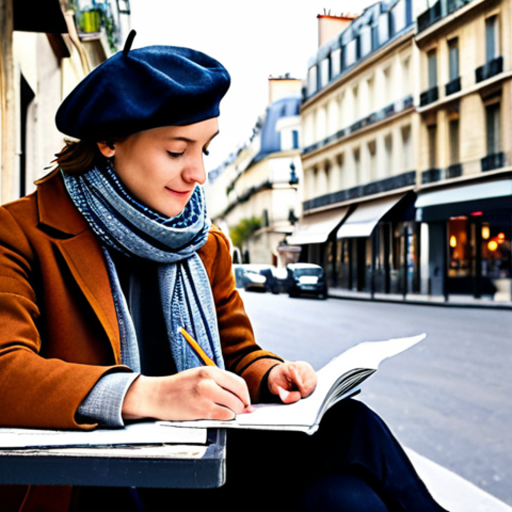 Parisian Inspiration**

"A person sketching in a notebook while sitting at a sidewalk cafe in Paris, fully clothed, wearing a beret and a scarf, appropriate attire, charming Parisian street scene in the background with flower-filled balconies and Haussmann architecture, safe for work, professional photography, perfect anatomy, natural pose, well-formed hands, proper finger count, high quality, family-friendly, modest clothing."

**