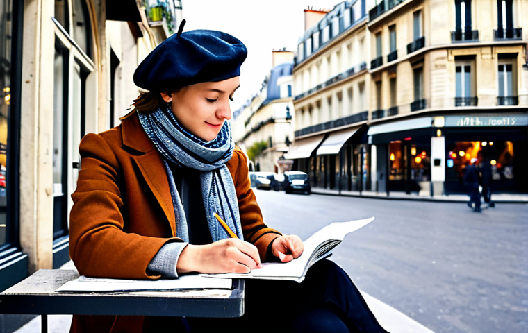 Parisian Inspiration**
"A person sketching in a notebook while sitting at a sidewalk cafe in Paris, fully clothed, wearing a beret and a scarf, appropriate attire, charming Parisian street scene in the background with flower-filled balconies and Haussmann architecture, safe for work, professional photography, perfect anatomy, natural pose, well-formed hands, proper finger count, high quality, family-friendly, modest clothing."
**
