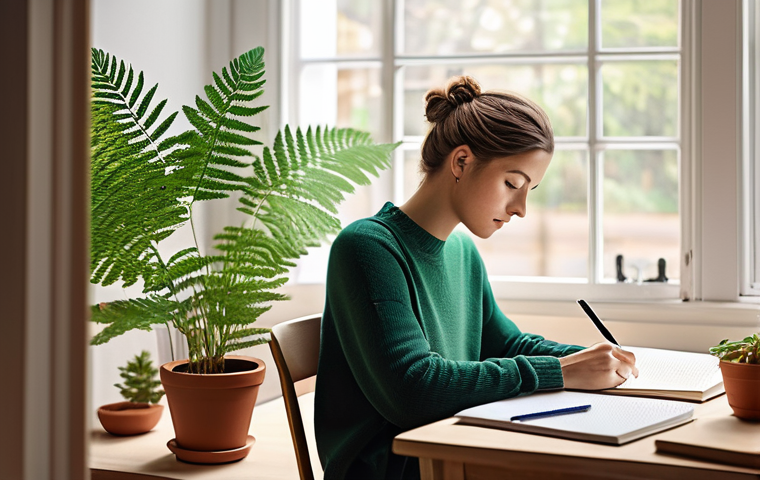 지속 가능한 영감 관리의 기본 가이드 - **Prompt 1: Serene Creative Sanctuary**
A tranquil, minimalist home office space. Soft, natural ...