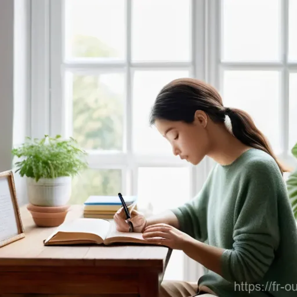 지속 가능한 영감 유지의 심리적 혜택 - **Prompt:** A tranquil and inspiring home office scene. A young woman, dressed in comfortable yet st...