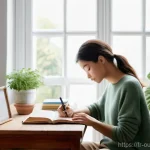 Home 22 지속 가능한 영감 유지의 심리적 혜택 - **Prompt:** A tranquil and inspiring home office scene. A young woman, dressed in comfortable yet st...