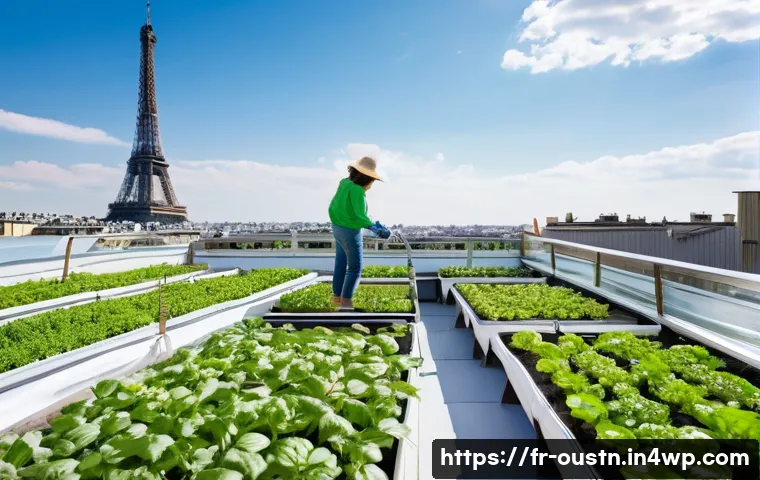 영감을 주는 지속 가능한 프로젝트 사례 - **Vibrant Parisian Rooftop Urban Farm:** A sunny, wide-angle shot of a sprawling rooftop urban farm ...