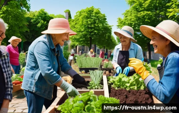 지속 가능한 영감을 위한 커뮤니티 활동 - A vibrant community gardening workshop scene in a French urban neighborhood, diverse group of neighb...