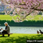 Home 19 지속 가능한 영감 찾기의 여정 - A serene urban park scene in springtime Paris, featuring a diverse group of people enjoying nature: ...