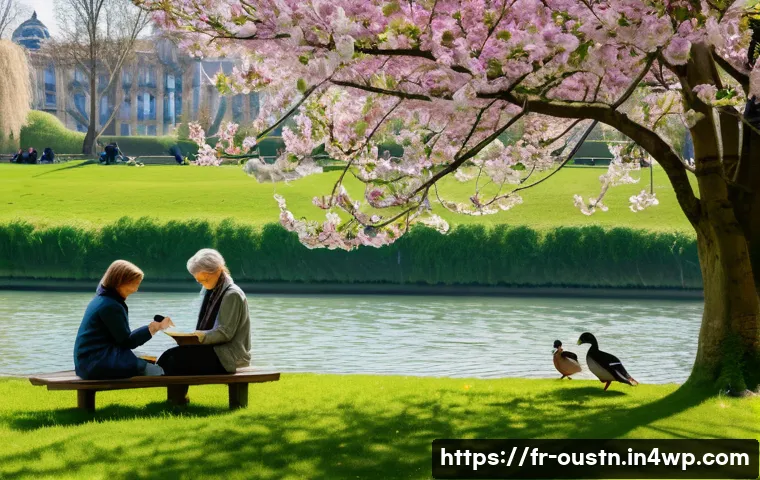 지속 가능한 영감 찾기의 여정 - A serene urban park scene in springtime Paris, featuring a diverse group of people enjoying nature: ...