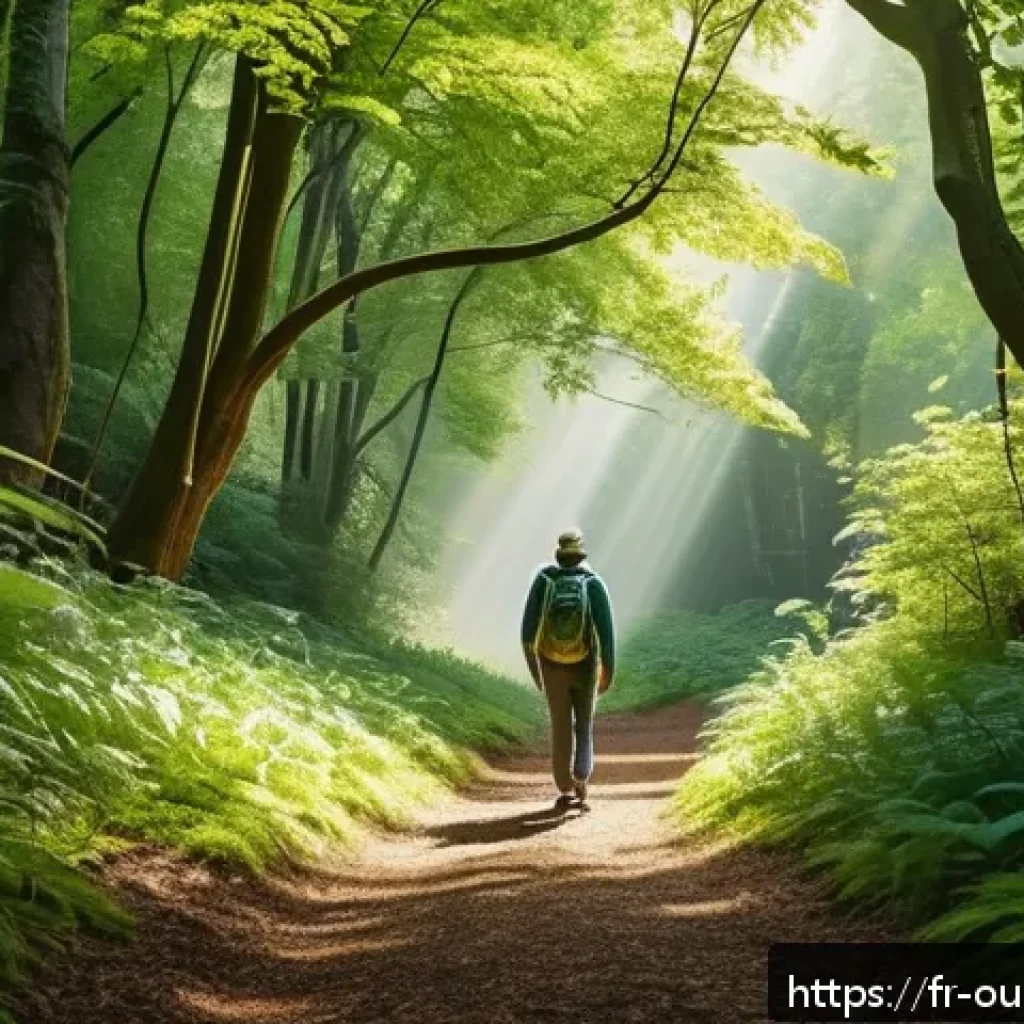 정신적 편안함을 위한 지속 가능한 영감 - A serene forest scene depicting a person practicing mindful walking along a soft, leaf-covered path ...