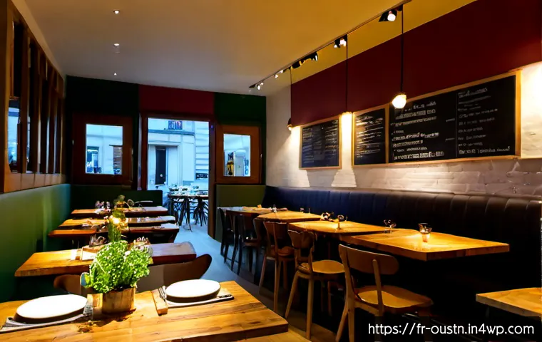 영감을 주는 지속 가능한 음식점 추천 - Photorealistic sustainable bistro in Paris, warm evening interior with reclaimed wood tables, season...